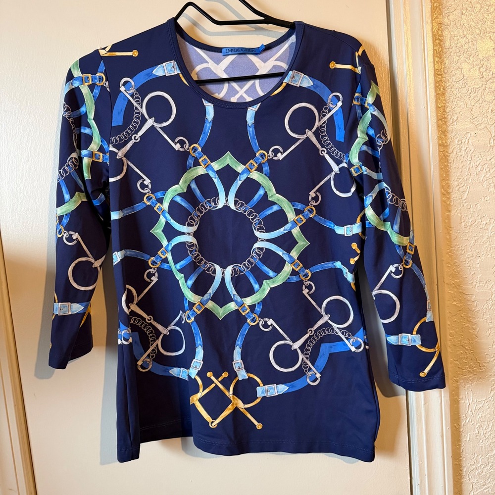 J.McLaughlin Navy Blue Equestrian Chain Bit Print 3/4 Sleeve Top Stretch Sz S